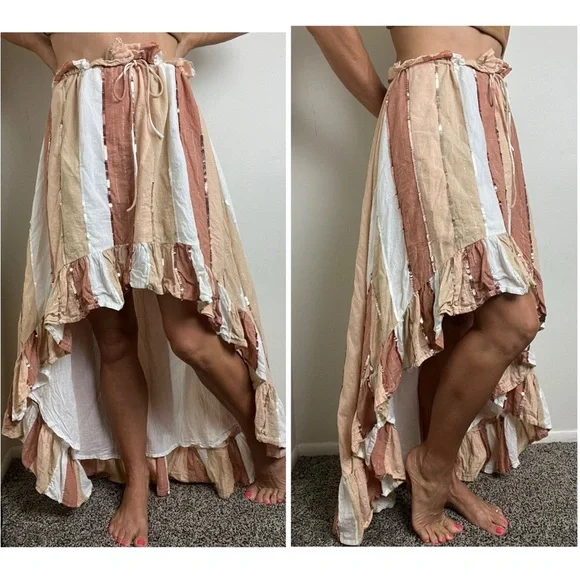Revolve x Sundress India Sequin Brown Tan Stripe Boho Ruffle High Low Maxi Skirt - Picture 1 of 5